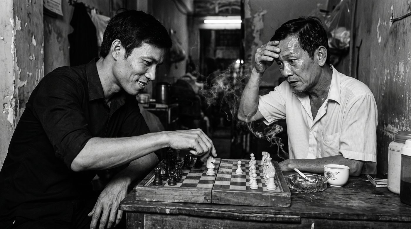 Hải at a low table in a dim room, bent over a chessboard, a hand poised above a piece mid-game.