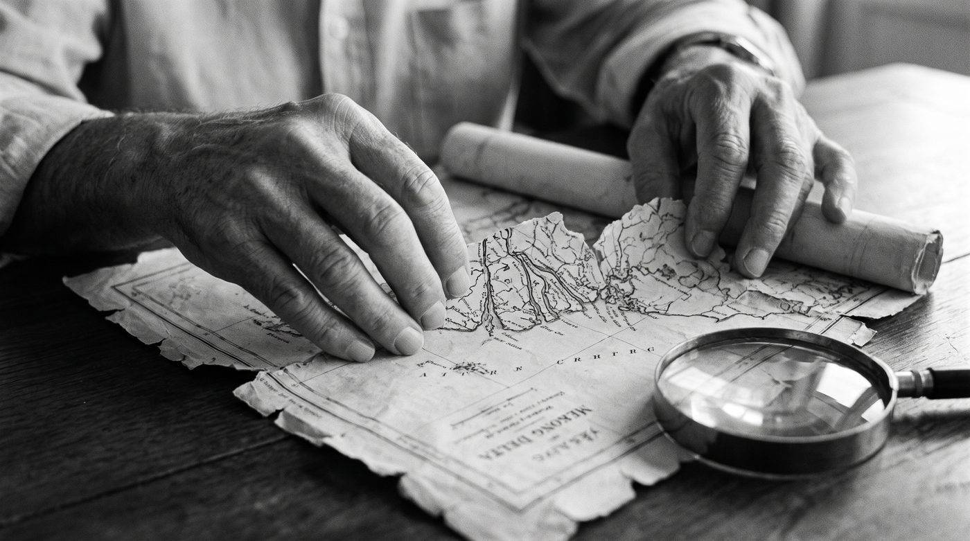 Henri Delacroix unrolling a large antique map across a table, studying the faded borders.