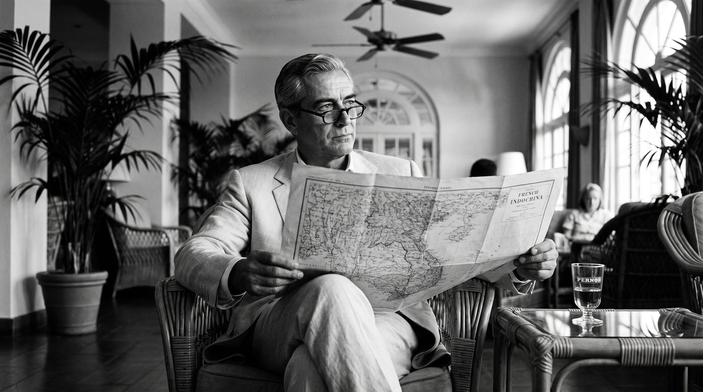 Henri Delacroix in a hotel room, bent over an open map on a desk, one finger tracing a route across the paper.