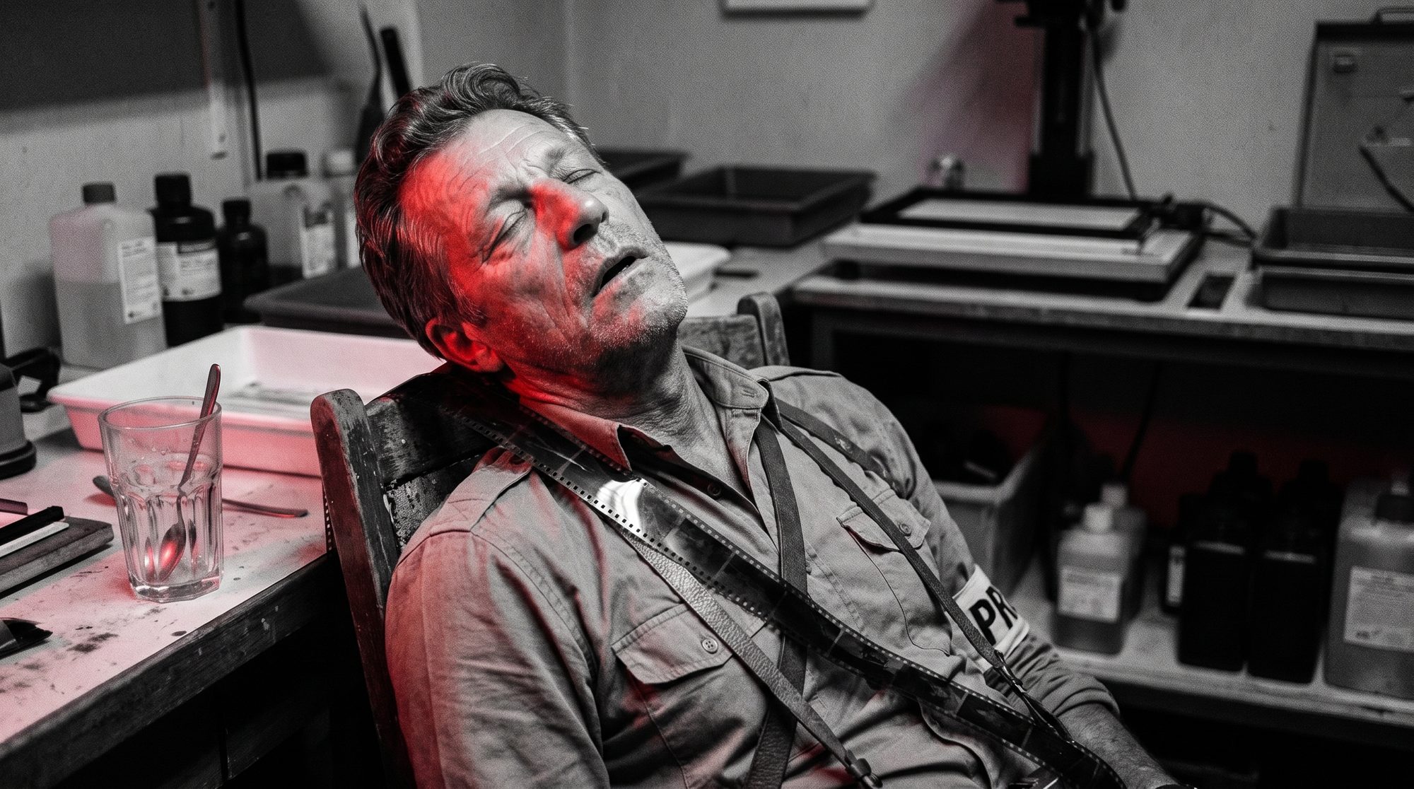 Jörg asleep in a darkroom, a film strip slung across his shoulder, lit by the red safe-light.