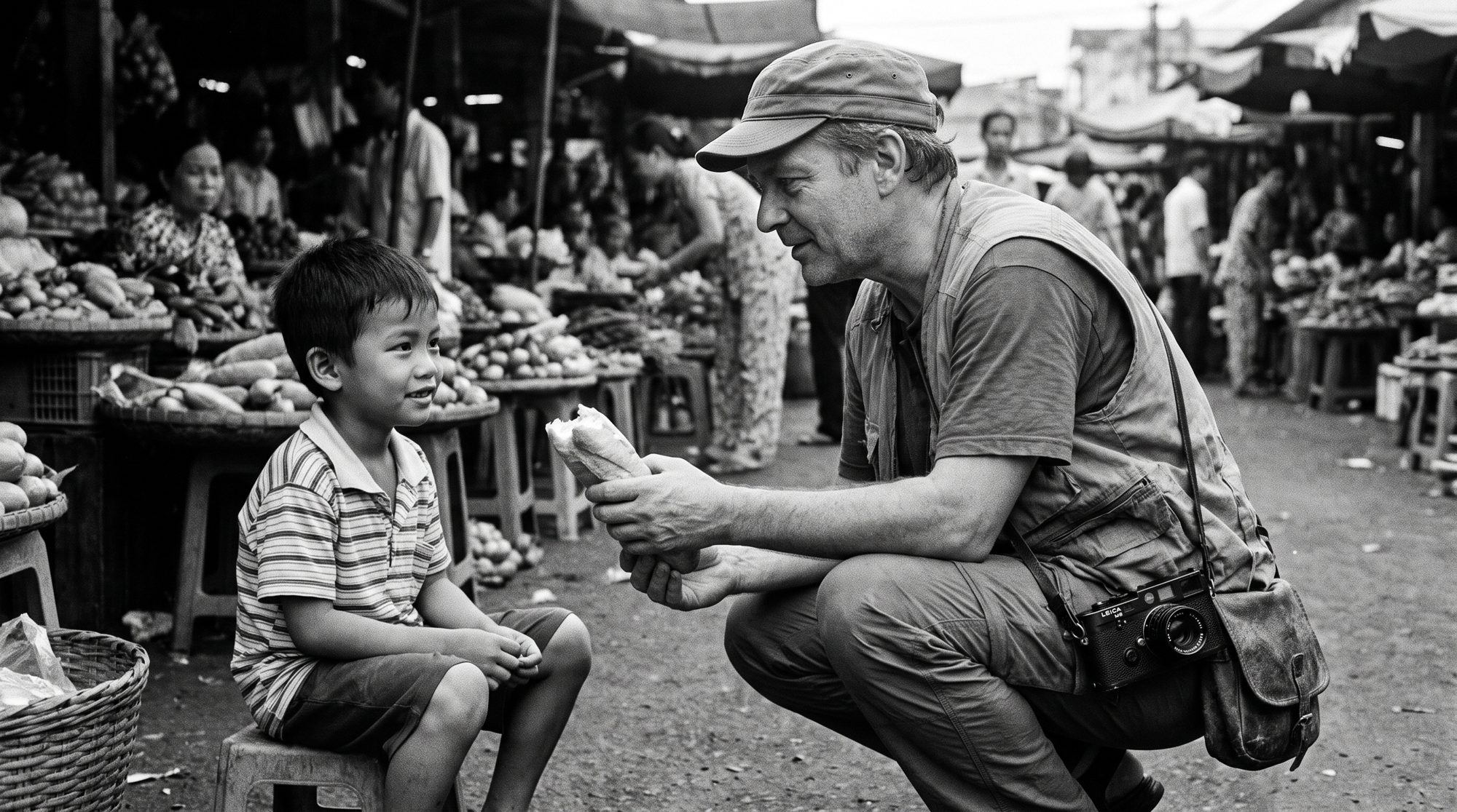 Jörg crouched in a market, sharing a piece of bread with a young local boy on a stool.