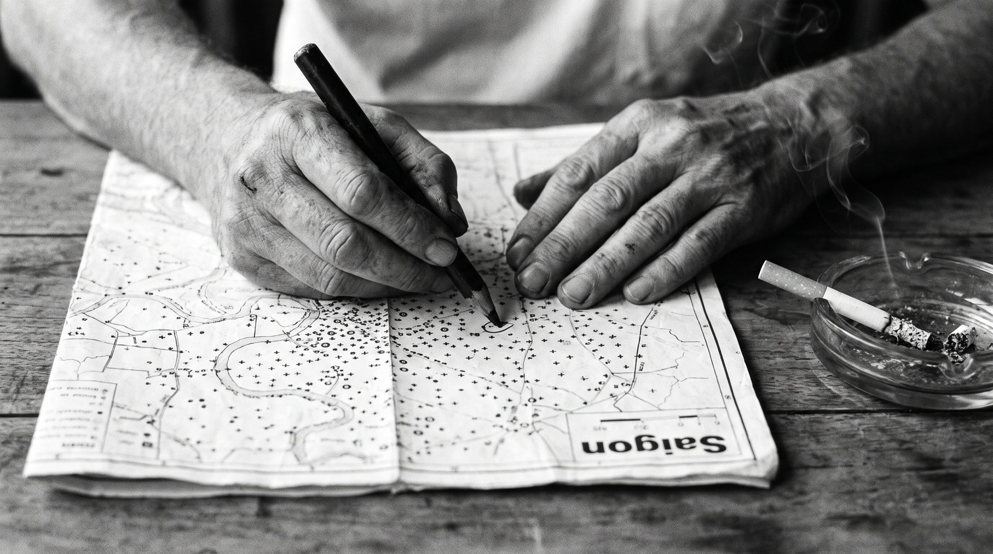 Jörg's weathered hands - a cigarette burning in a glass ashtray beside them - marking a point on a paper map of Saigon.