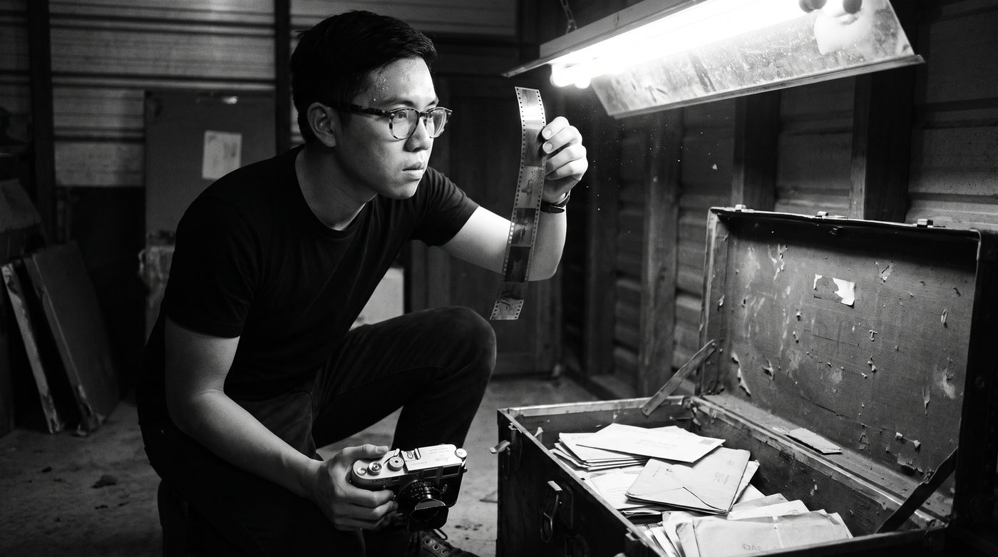 Minh Trần in a storage room, holding a strip of film negatives up to the light, studying the frames one by one.