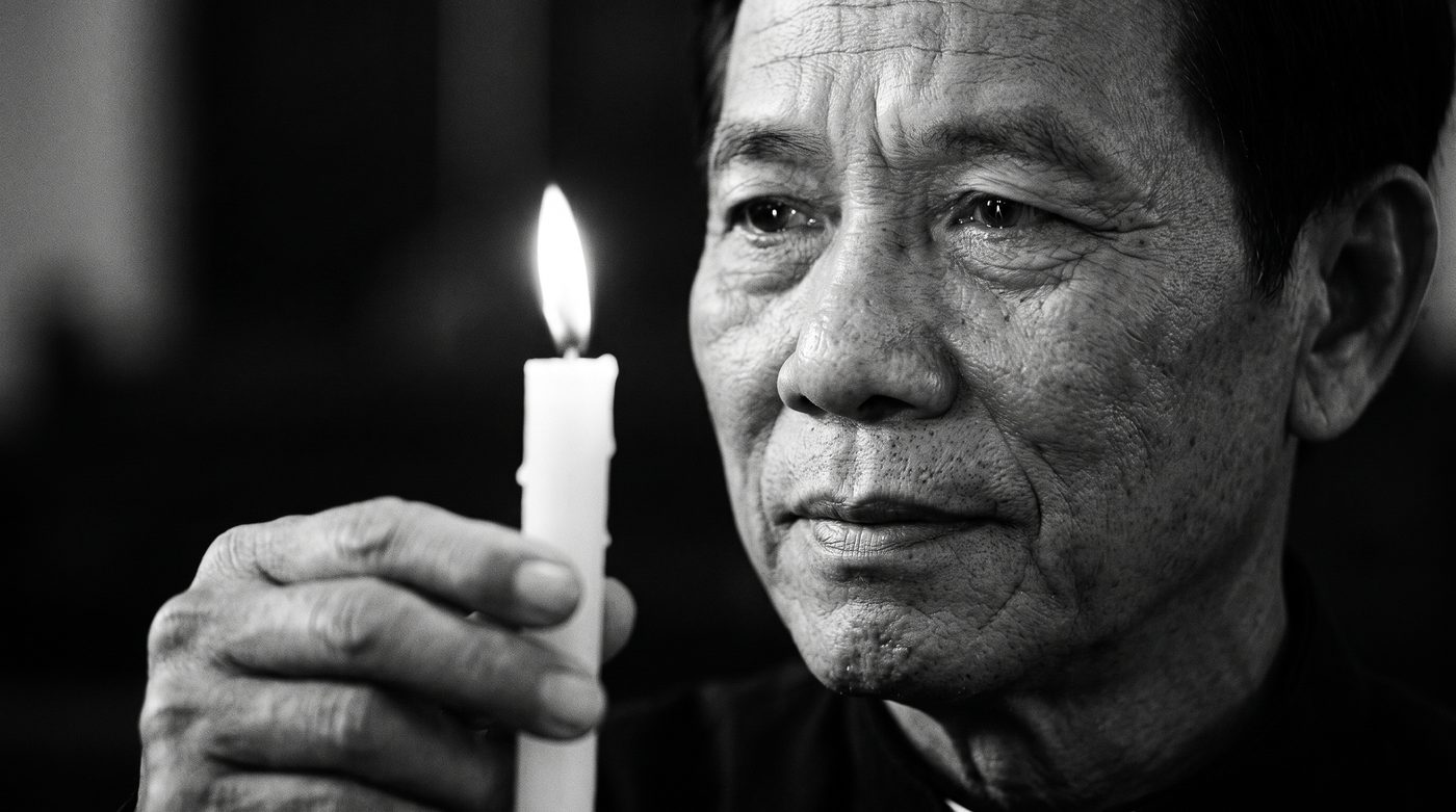 Father Phúc holding a burning candle, the flame steady in his cupped hand, the church dim around him.
