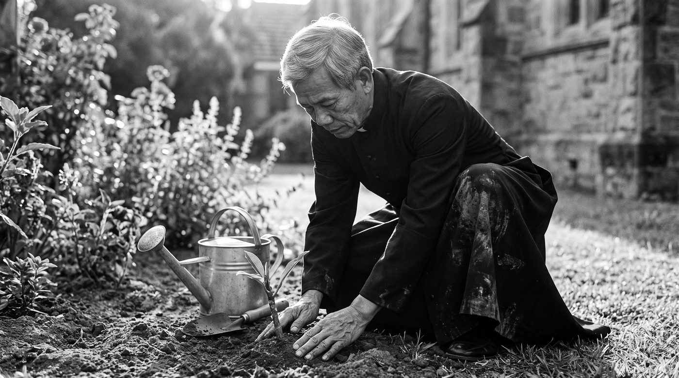 Father Phúc planting frangipani cuttings in damp soil, his hands careful with the small green stems.