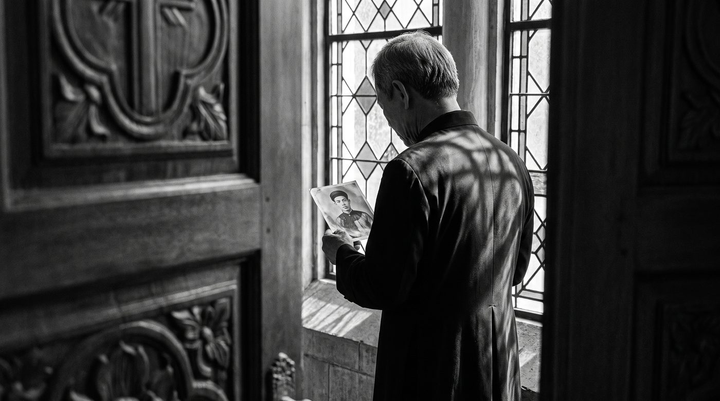 Father Phúc at a window, holding a photograph up to the light, reading it the way he reads everything - slowly, and with patience.
