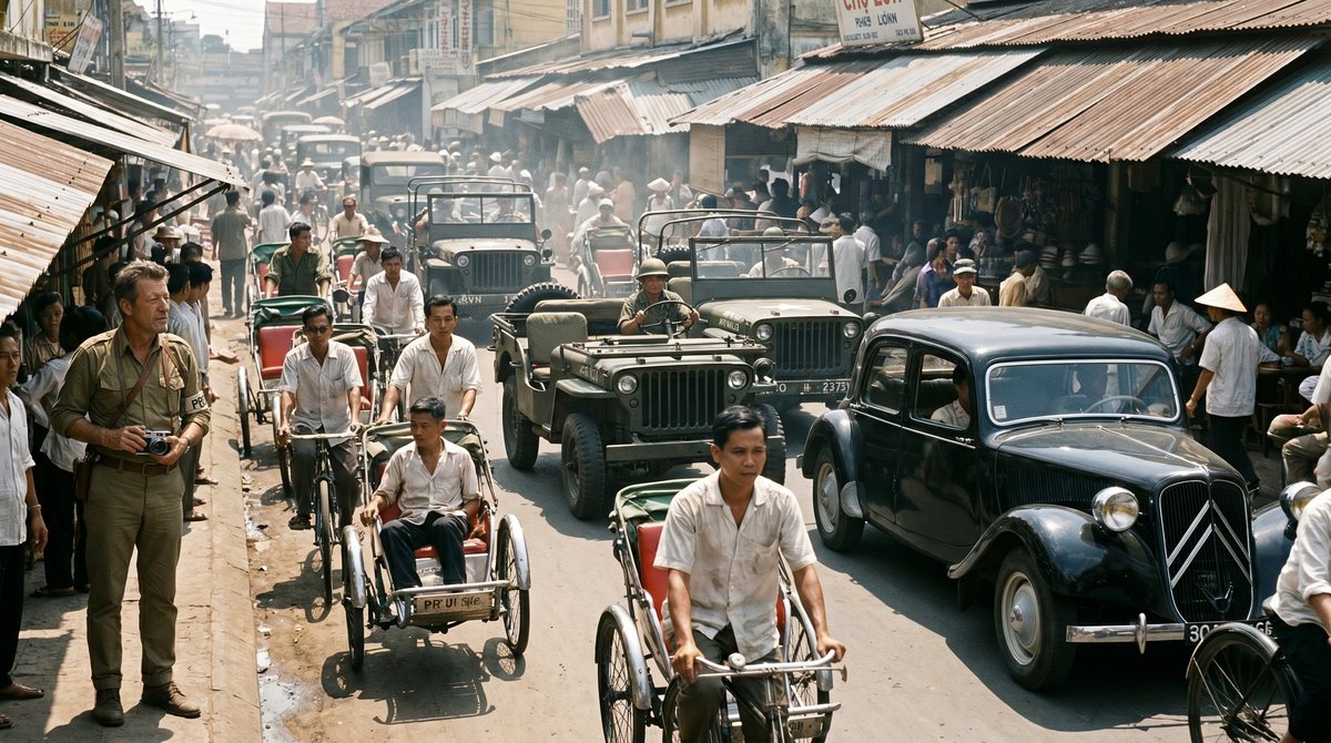Jörg Nachtnebel on a Chợ Lớn street - khaki shirt, camera at his chest, watching the traffic and the crowd move past.