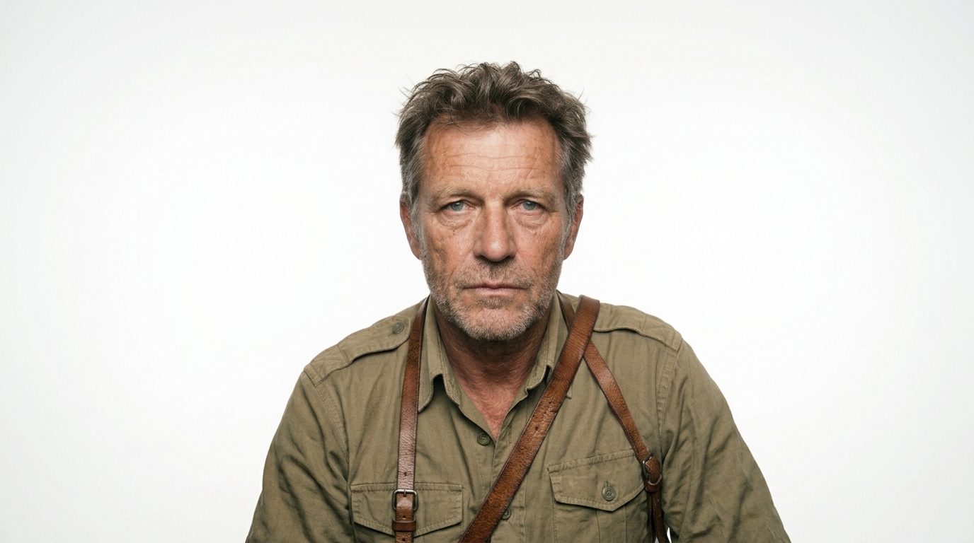 Jörg Nachtnebel - a weathered war photojournalist, late fifties, olive utility shirt, press armband, leather camera strap across his chest.