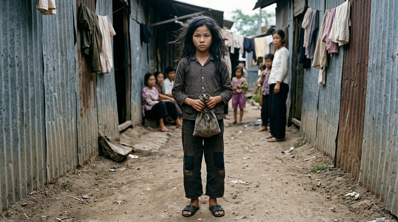 Sarah - a young orphan with long dark hair, in a worn patterned shirt and mended trousers, standing on a dirt path between corrugated-metal walls, clutching a cloth bag.