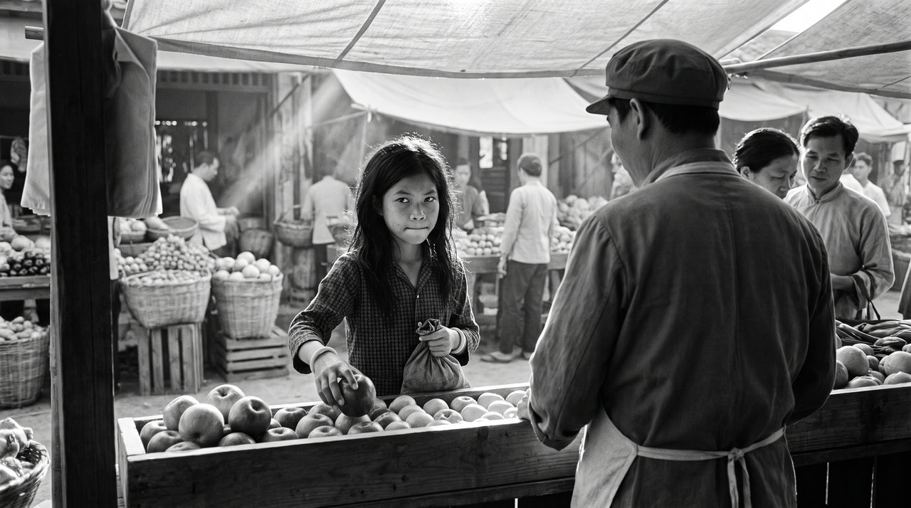 Sarah at a market stall, reaching into a crate of apples, a cloth bag clutched in her other hand.