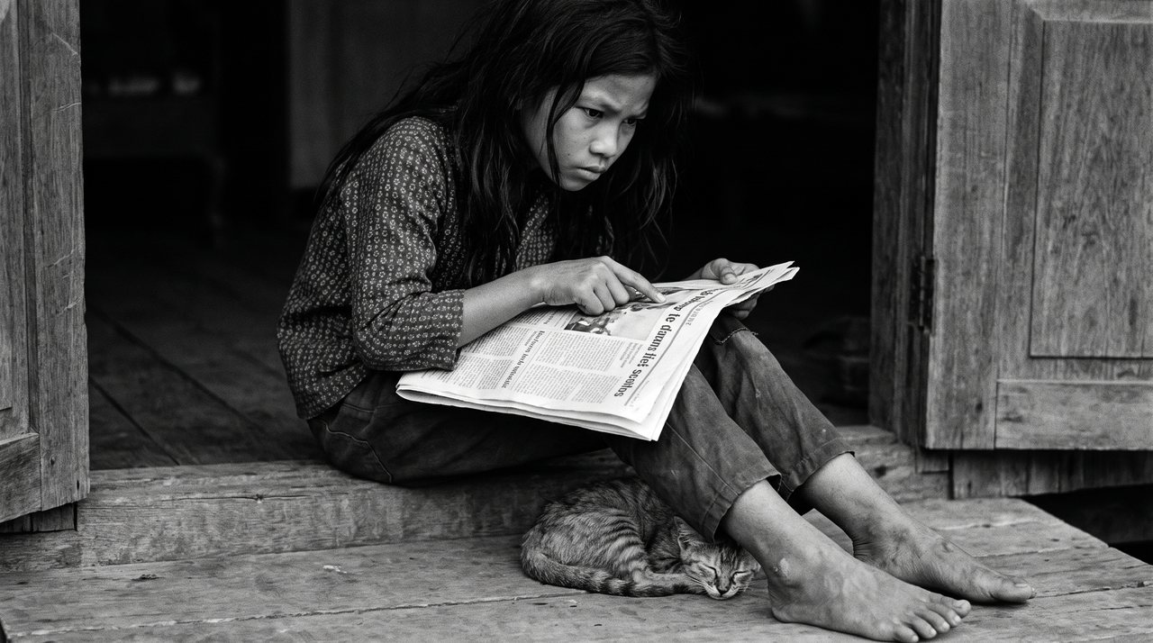 Sarah sitting barefoot on a doorstep, reading a newspaper with a sleeping cat at her feet.