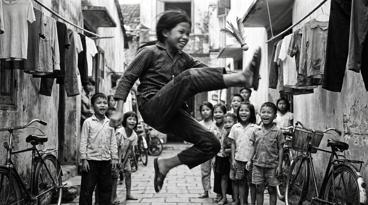 Sarah mid-kick in an alley, a shuttlecock above her foot, children watching around her.