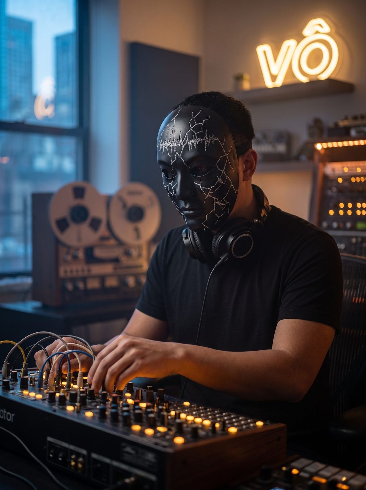 VÔ in his studio, wearing a black mask with a cracked-glass pattern and over-ear headphones, hands on a modular synthesizer